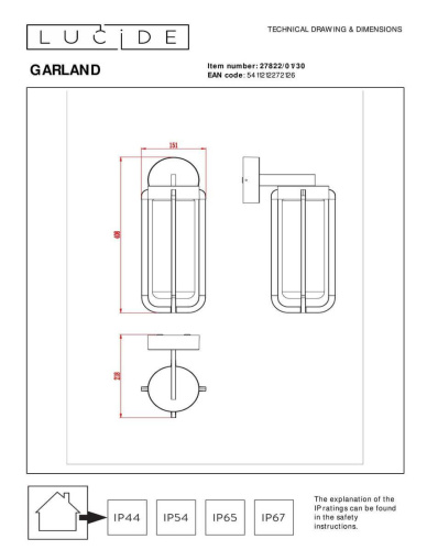 Уличный настенный светильник Lucide Garland 27822/01/30 Уличный настенный светильник Lucide Garland 27822/01/30
