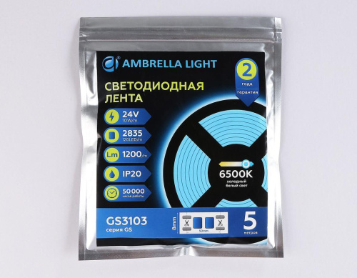Светодиодная лента Ambrella Light 10W/m 120LED/m 2835SMD холодный белый 5M GS3103 Светодиодная лента Ambrella Light 10W/m 120LED/m 2835SMD холодный белый 5M GS3103