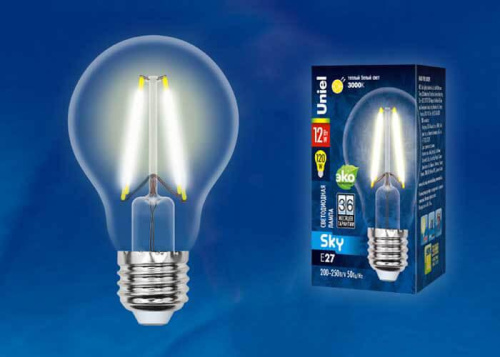 Лампа светодиодная филаментная (UL-00004866) Uniel E27 12W 3000K прозрачная LED-A60-12W/3000K/E27/CL PLS02WH Лампа светодиодная филаментная (UL-00004866) Uniel E27 12W 3000K прозрачная LED-A60-12W/3000K/E27/CL PLS02WH