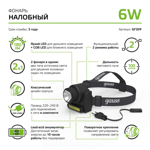 Налобный светодиодный фонарь Gauss аккумуляторный 75х70 180 лм GF309 Налобный светодиодный фонарь Gauss аккумуляторный 75х70 180 лм GF309