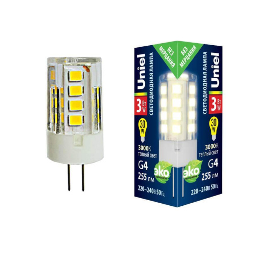 Лампа светодиодная Uniel G4 3W 3000K прозрачная LED-JC-220/3W/3000K/G4/CL GLZ09TR UL-00006742 Лампа светодиодная Uniel G4 3W 3000K прозрачная LED-JC-220/3W/3000K/G4/CL GLZ09TR UL-00006742