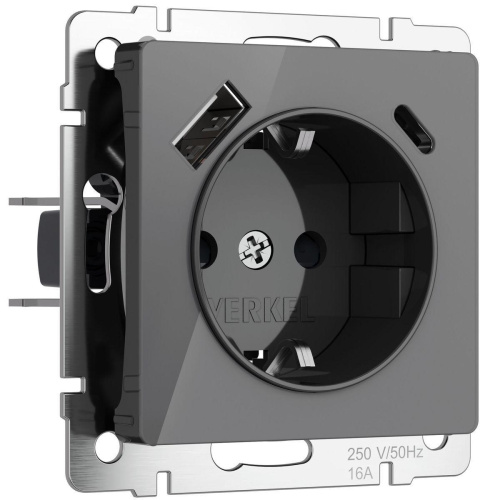 Розетка с заземлением, шторками и USB тип A+C Werkel графит акрил W1171744 4690389197536 Розетка с заземлением, шторками и USB тип A+C Werkel графит акрил W1171744 4690389197536