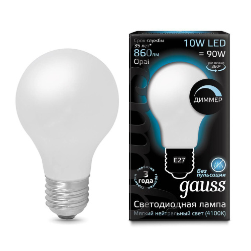 Лампа светодиодная диммируемая Gauss филаментная E27 10W 4100К матовая 102202210-D Лампа светодиодная диммируемая Gauss филаментная E27 10W 4100К матовая 102202210-D