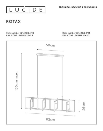 Подвесная люстра Lucide Rotax 21426/04/33 Подвесная люстра Lucide Rotax 21426/04/33