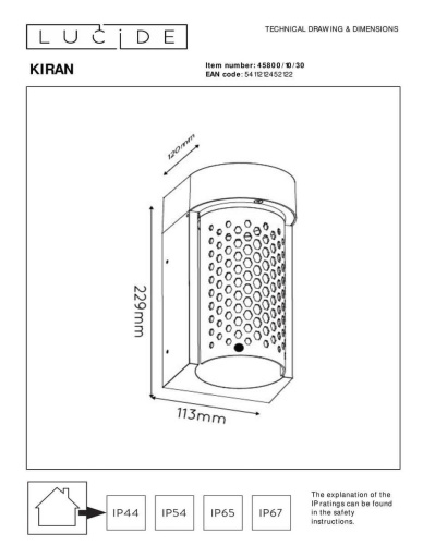 Уличный настенный светодиодный светильник Lucide Kiran 45800/10/30 Уличный настенный светодиодный светильник Lucide Kiran 45800/10/30