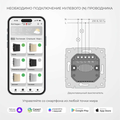 Умный сенсорный выключатель двухклавишный (дымчатый) W4523641/ a069765 Умный сенсорный выключатель двухклавишный (дымчатый) W4523641/ a069765