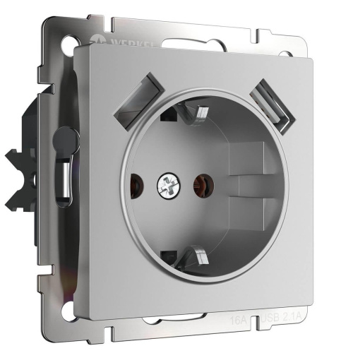 Розетка Werkel с заземлением, шторками и USBх2 серебряный WL06-SKGS-USBx2-IP20 4690389073212 Розетка Werkel с заземлением, шторками и USBх2 серебряный WL06-SKGS-USBx2-IP20 4690389073212