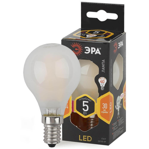 Лампа светодиодная филаментная ЭРА E14 5W 2700K матовая F-LED P45-5W-827-E14 frost