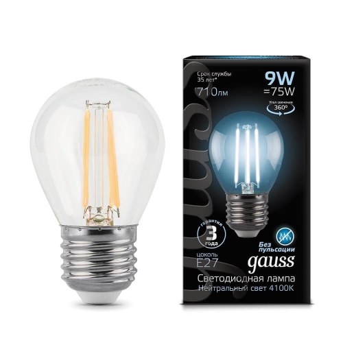 Лампа светодиодная филаментная Gauss E27 9W 4100К прозрачная 105802209 Лампа светодиодная филаментная Gauss E27 9W 4100К прозрачная 105802209