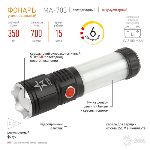 Ручной светодиодный фонарь ЭРА Армия России Тайфун аккумуляторный 163х38 350 лм MA-703 Б0052320 Ручной светодиодный фонарь ЭРА Армия России Тайфун аккумуляторный 163х38 350 лм MA-703 Б0052320