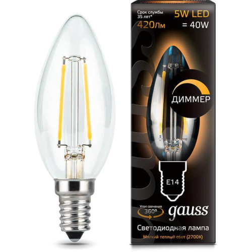Лампа светодиодная диммируемая Gauss филаментная E14 5W 2700К прозрачная 103801105-D Лампа светодиодная диммируемая Gauss филаментная E14 5W 2700К прозрачная 103801105-D