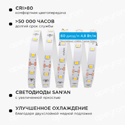 Светодиодная лента Apeyron 4,8W/m 60LED/m 5050SMD теплый белый 5M 10-11