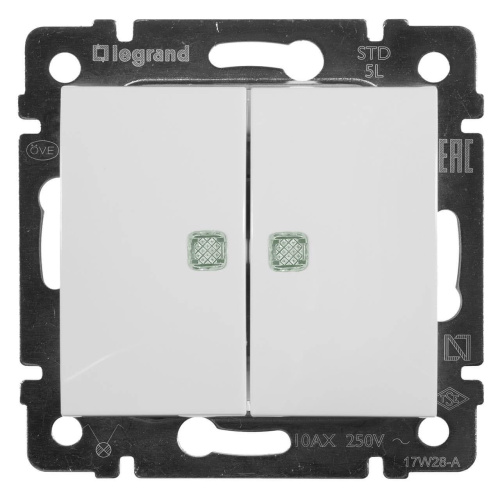 Переключатель двухклавишный на 2 направления Legrand Valena 10A 250V с подсветкой белый 774212 Переключатель двухклавишный на 2 направления Legrand Valena 10A 250V с подсветкой белый 774212