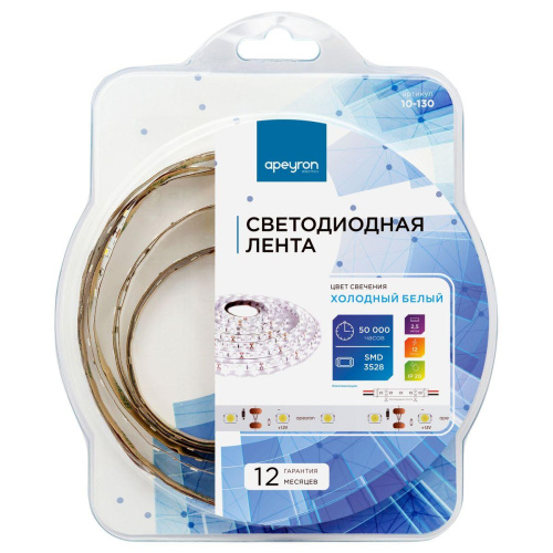 Светодиодная лента Apeyron 4,8W/m 60LED/m 3528SMD холодный белый 2,5M 10-130 Светодиодная лента Apeyron 4,8W/m 60LED/m 3528SMD холодный белый 2,5M 10-130