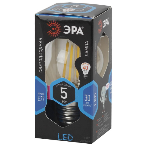 Лампа светодиодная филаментная ЭРА E27 5W 4000K шар прозрачный F-LED P45-5W-840-E27