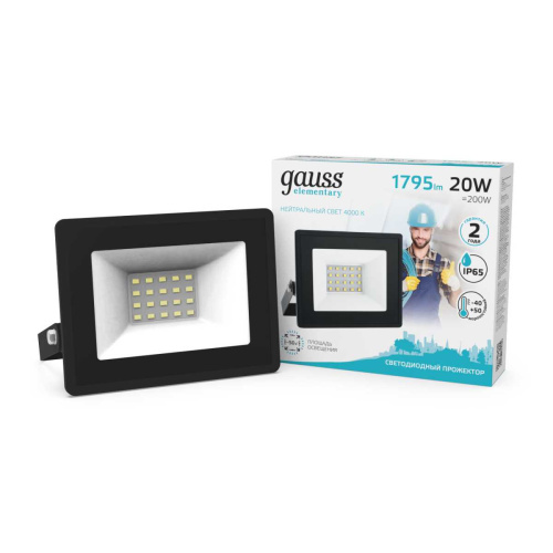 Прожектор светодиодный Gauss Elementary 20W 4000К 613100220 Прожектор светодиодный Gauss Elementary 20W 4000К 613100220