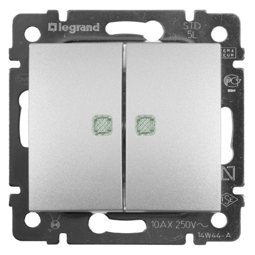 Переключатель двухклавишный Legrand Valena 10A 250V с подсветкой алюминий 770128 Переключатель двухклавишный Legrand Valena 10A 250V с подсветкой алюминий 770128