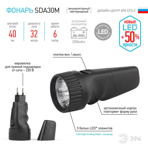 Ручной светодиодный фонарь ЭРА аккумуляторный 134х55 40 лм SDA30M Б0020022 Ручной светодиодный фонарь ЭРА аккумуляторный 134х55 40 лм SDA30M Б0020022