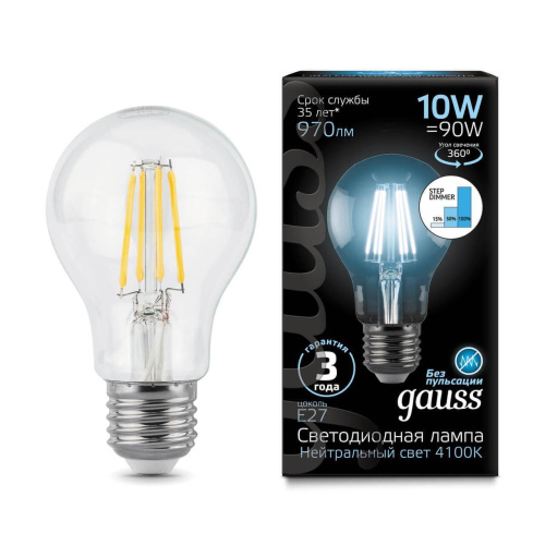 Лампа светодиодная филаментная диммируемая Gauss E27 10W 4100K прозрачная 102802210-S Лампа светодиодная филаментная диммируемая Gauss E27 10W 4100K прозрачная 102802210-S