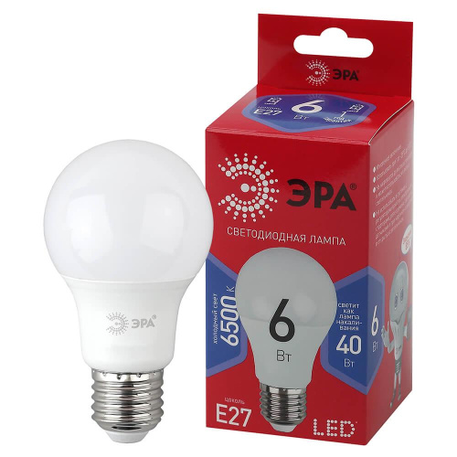 Лампа светодиодная ЭРА E27 6W 6500K матовая LED A60-6W-865-E27 R Б0048501 Лампа светодиодная ЭРА E27 6W 6500K матовая LED A60-6W-865-E27 R Б0048501