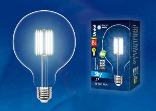 Лампа светодиодная филаментная (UL-00004861) Uniel E27 15W 4000K прозрачная LED-G125-15W/4000K/E27/CL PLS02WH Лампа светодиодная филаментная (UL-00004861) Uniel E27 15W 4000K прозрачная LED-G125-15W/4000K/E27/CL PLS02WH