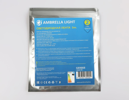 Светодиодная лента Ambrella Light 4,8W/m 60LED/m 2835SMD холодный белый 5M GS1003 Светодиодная лента Ambrella Light 4,8W/m 60LED/m 2835SMD холодный белый 5M GS1003