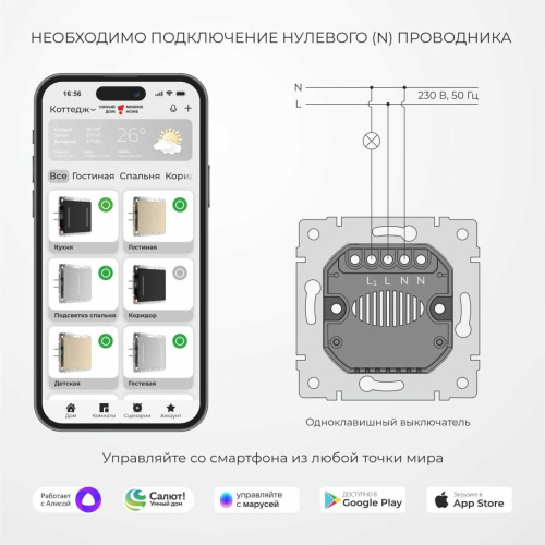 Умный сенсорный выключатель одноклавишный (дымчатый) W4513641/ a069764 Умный сенсорный выключатель одноклавишный (дымчатый) W4513641/ a069764