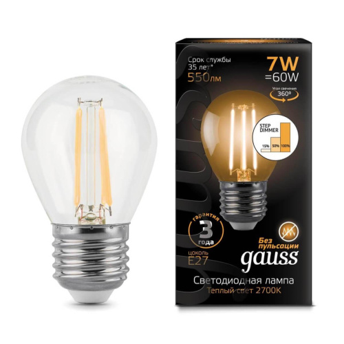 Лампа светодиодная филаментная диммируемая Gauss E27 7W 2700K прозрачная 105802107-S Лампа светодиодная филаментная диммируемая Gauss E27 7W 2700K прозрачная 105802107-S