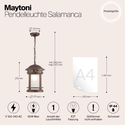 Уличный подвесной светильник Maytoni Salamanca O031PL-01BR Уличный подвесной светильник Maytoni Salamanca O031PL-01BR