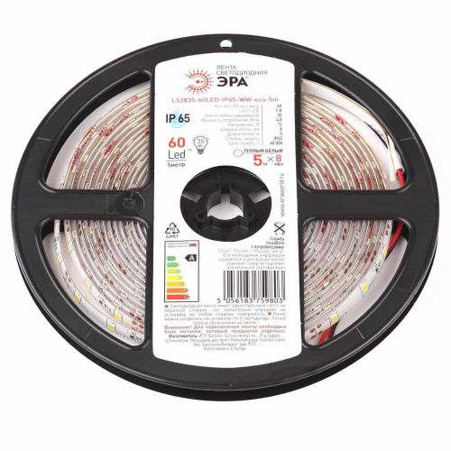 Светодиодная влагозащищенная лента ЭРА 4,8W/m 60LED/m 2835SMD теплый белый 5M LS2835-60LED-IP65-WW-eco-5m Б0035592 Светодиодная влагозащищенная лента ЭРА 4,8W/m 60LED/m 2835SMD теплый белый 5M LS2835-60LED-IP65-WW-eco-5m Б0035592