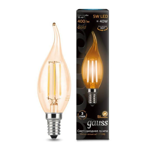 Лампа светодиодная филаментная Gauss E14 5W 2700K золотая 104801005 Лампа светодиодная филаментная Gauss E14 5W 2700K золотая 104801005