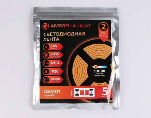 Светодиодная лента Ambrella Light 10W/m 120LED/m 2835SMD теплый белый 5M GS3101 Светодиодная лента Ambrella Light 10W/m 120LED/m 2835SMD теплый белый 5M GS3101