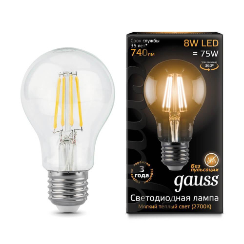 Лампа светодиодная филаментная Gauss E27 8W 2700К прозрачная 102802108 Лампа светодиодная филаментная Gauss E27 8W 2700К прозрачная 102802108