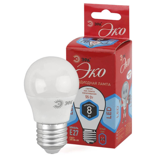 Лампа светодиодная ЭРА E27 8W 4000K матовая ECO LED P45-8W-840-E27 Б0030025 Лампа светодиодная ЭРА E27 8W 4000K матовая ECO LED P45-8W-840-E27 Б0030025