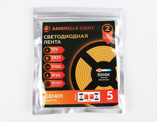 Светодиодная лента Ambrella Light 17W/m 240LED/m 2835SMD теплый белый 5M GS1401 Светодиодная лента Ambrella Light 17W/m 240LED/m 2835SMD теплый белый 5M GS1401