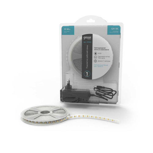 Светодиодная лента Gauss 10W/m 60LED/m 5050SMD нейтральный белый 5M BT043 Светодиодная лента Gauss 10W/m 60LED/m 5050SMD нейтральный белый 5M BT043